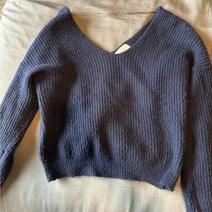 Navy blue knit wool blend sweater with low back